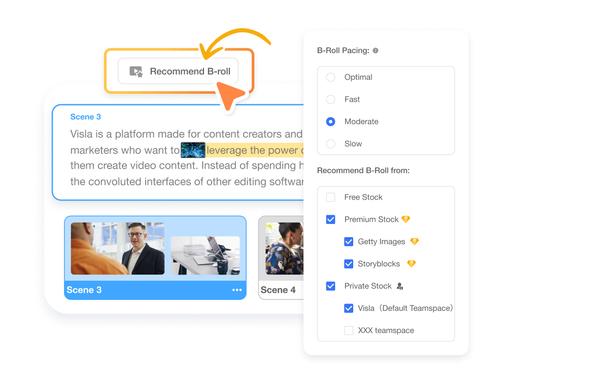 AI Video Editor with Visla recommends relevant B-roll footage from your media or stock libraries.